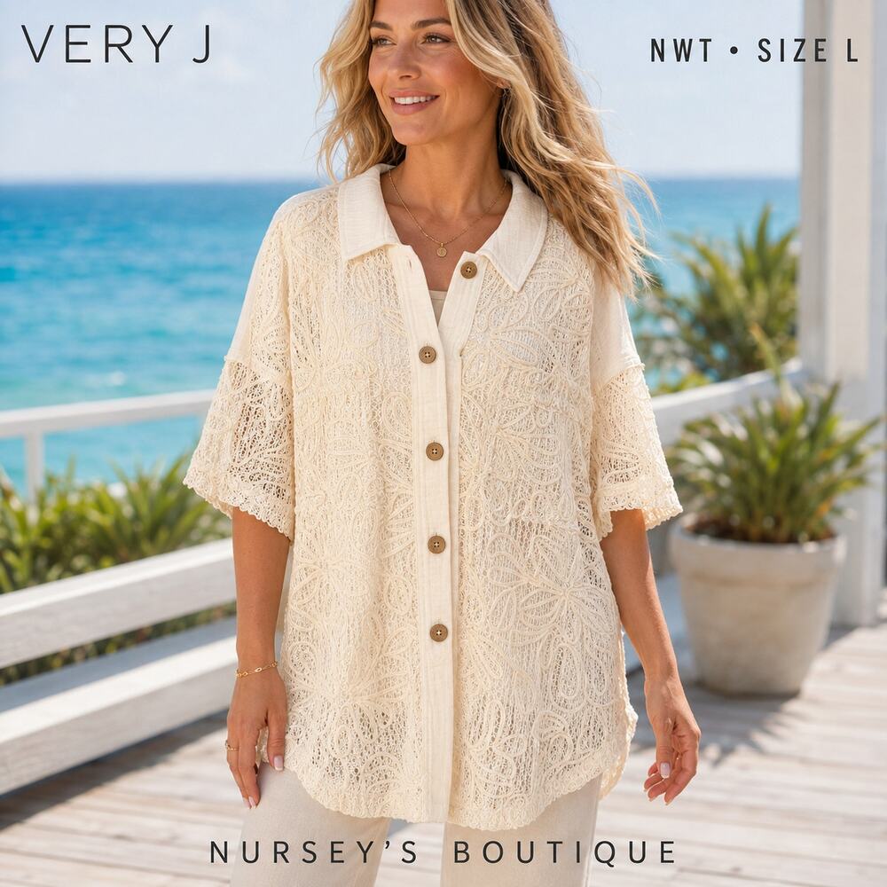 Very J NWT Size L Ivory Crochet Lace Button Down Shacket Boho Top